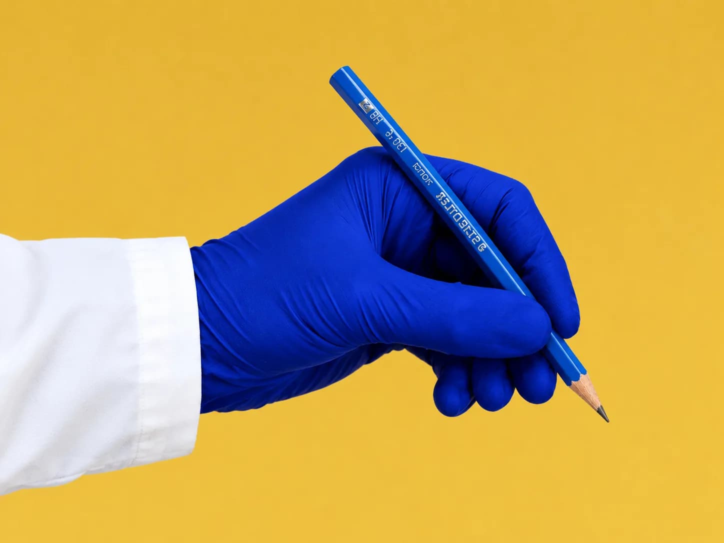 Ilustração: mão com luva azul e manga de jaleco branco segura um lápis azul sobre fundo amarelo