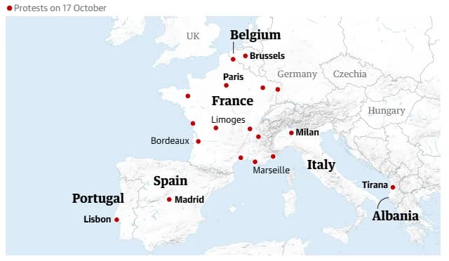 Mapa da Europa Ocidental com pontos vermelhos marcando os protestos de 17 de outubro: várias cidades da França, como Paris, Limoges, Bordeaux e Marselha, além de Bruxelas, Lisboa, Madri, Milão e Tirana