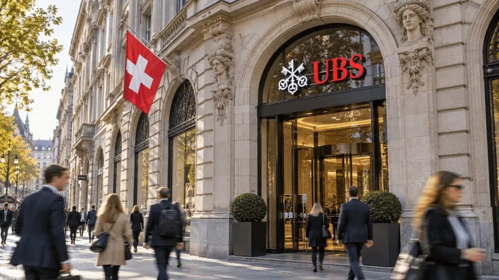 Fachada de pedra de uma agência do UBS, com o logo vermelho sobre a entrada de vidro, uma bandeira da Suíça e pedestres passando na calçada