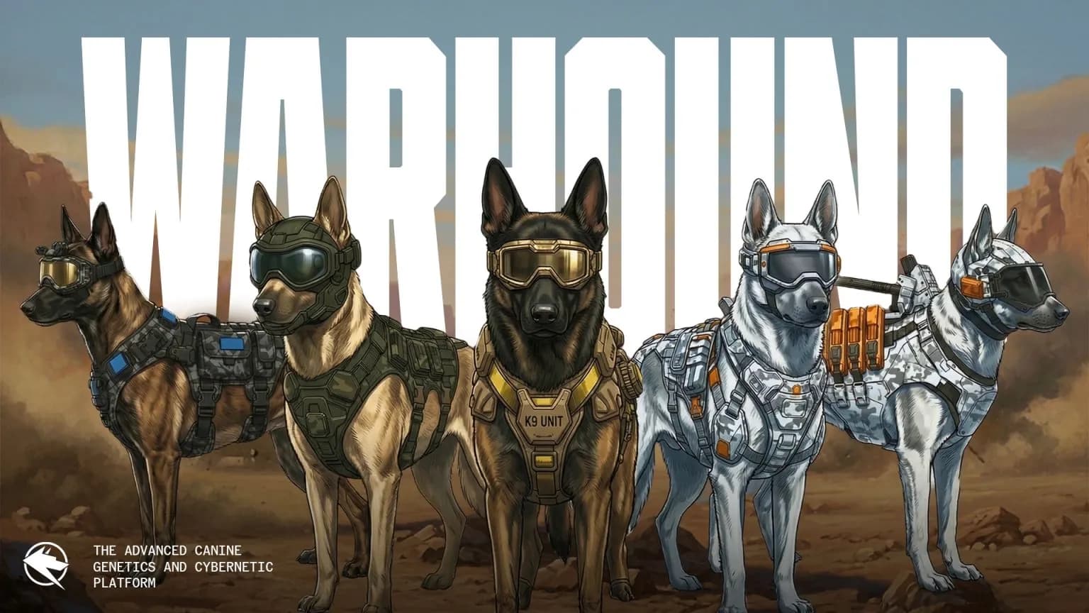 Ilustração de cinco cães com aparência de pastor, lado a lado num deserto, usando óculos de proteção e coletes táticos, um deles com a inscrição K9 UNIT, sob a palavra WARHOUND em letras brancas gigantes