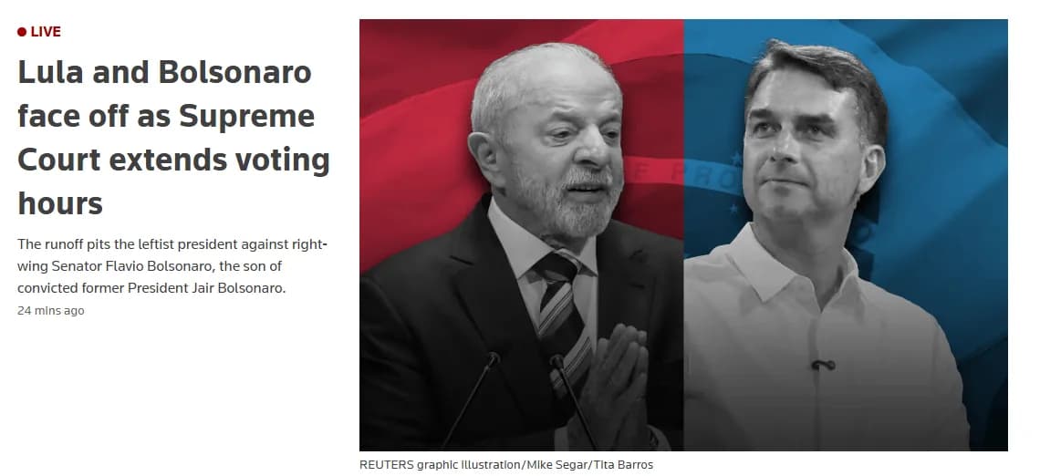 Captura da página da Reuters com o selo LIVE e a manchete em inglês "Lula and Bolsonaro face off as Supreme Court extends voting hours", ao lado de uma montagem com Lula de terno e mãos juntas sobre fundo vermelho e Flávio Bolsonaro de camisa branca sobre fundo azul