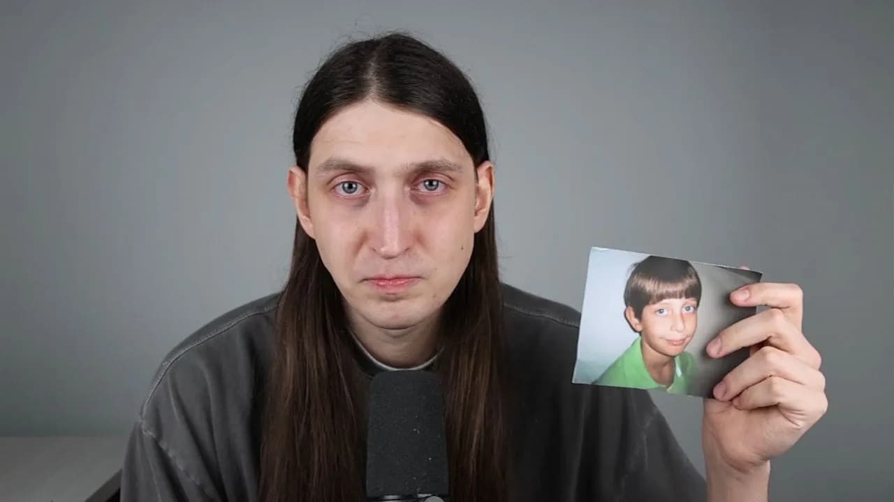 O youtuber Felca, de cabelo longo e camiseta cinza, olha para a câmera atrás de um microfone e segura uma foto antiga de um menino de camiseta verde