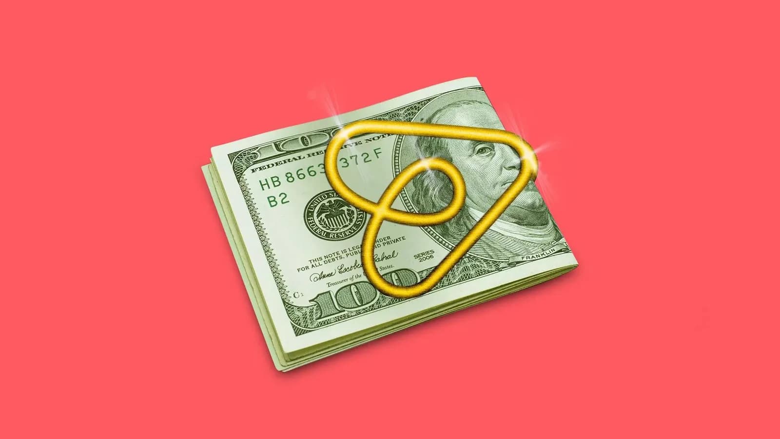 Ilustração de um maço dobrado de notas de 100 dólares preso por um clipe dourado e brilhante no formato do logotipo do Airbnb, sobre fundo vermelho-coral