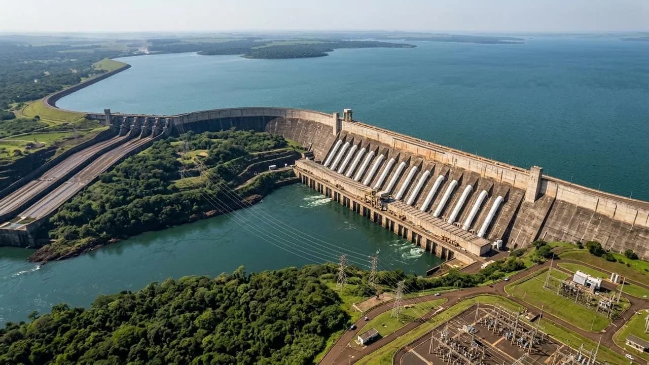 Vista aérea da barragem de uma usina hidrelétrica, com o grande reservatório de um lado, os condutos forçados brancos descendo pela parede de concreto até o rio do outro lado, mata em volta e uma subestação com torres de transmissão em primeiro plano